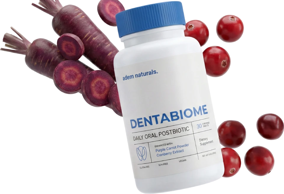 DentaBiome bottle with formula ingredient imagery